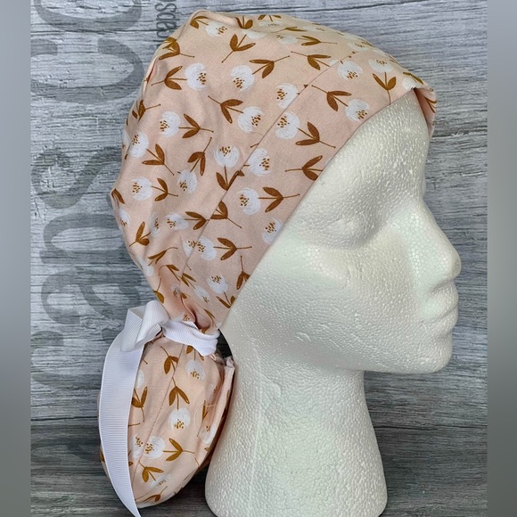 Nursing Scrub Cap with Ribbon Ponytail - Pink Floral - Picture 4 of 4